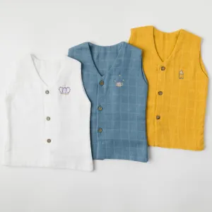 Baby Muslin Vests - Set of 3 (White, Blue, Mustard)