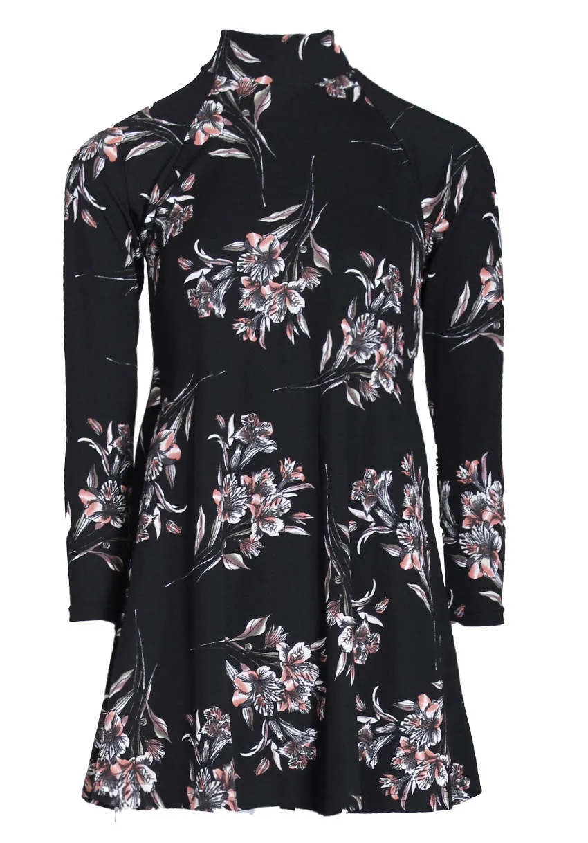 Black High Neck Long Sleeve Floral Dress