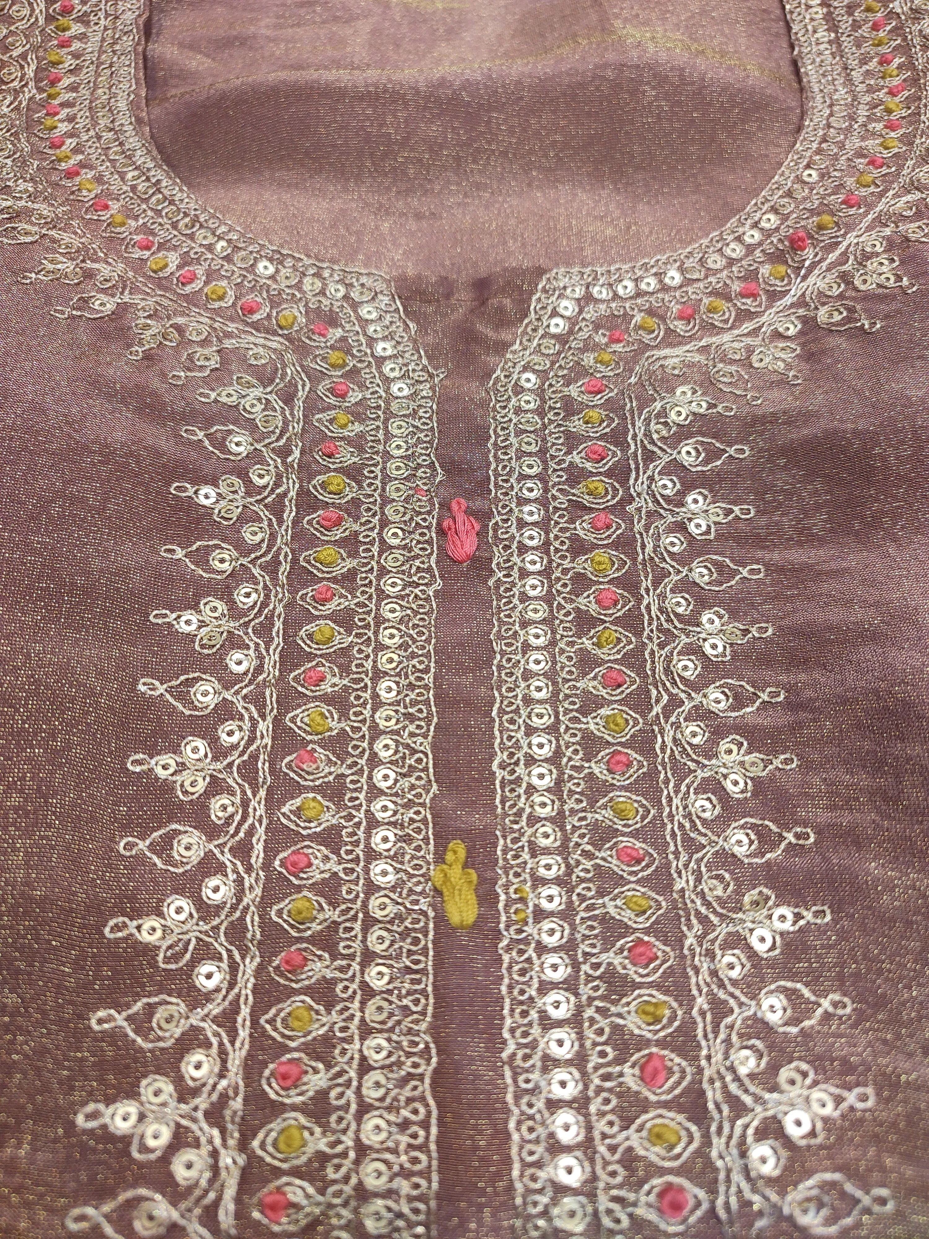 Brown Shimmer Tissue Semi-Stitch Suit With Golden Embroidery