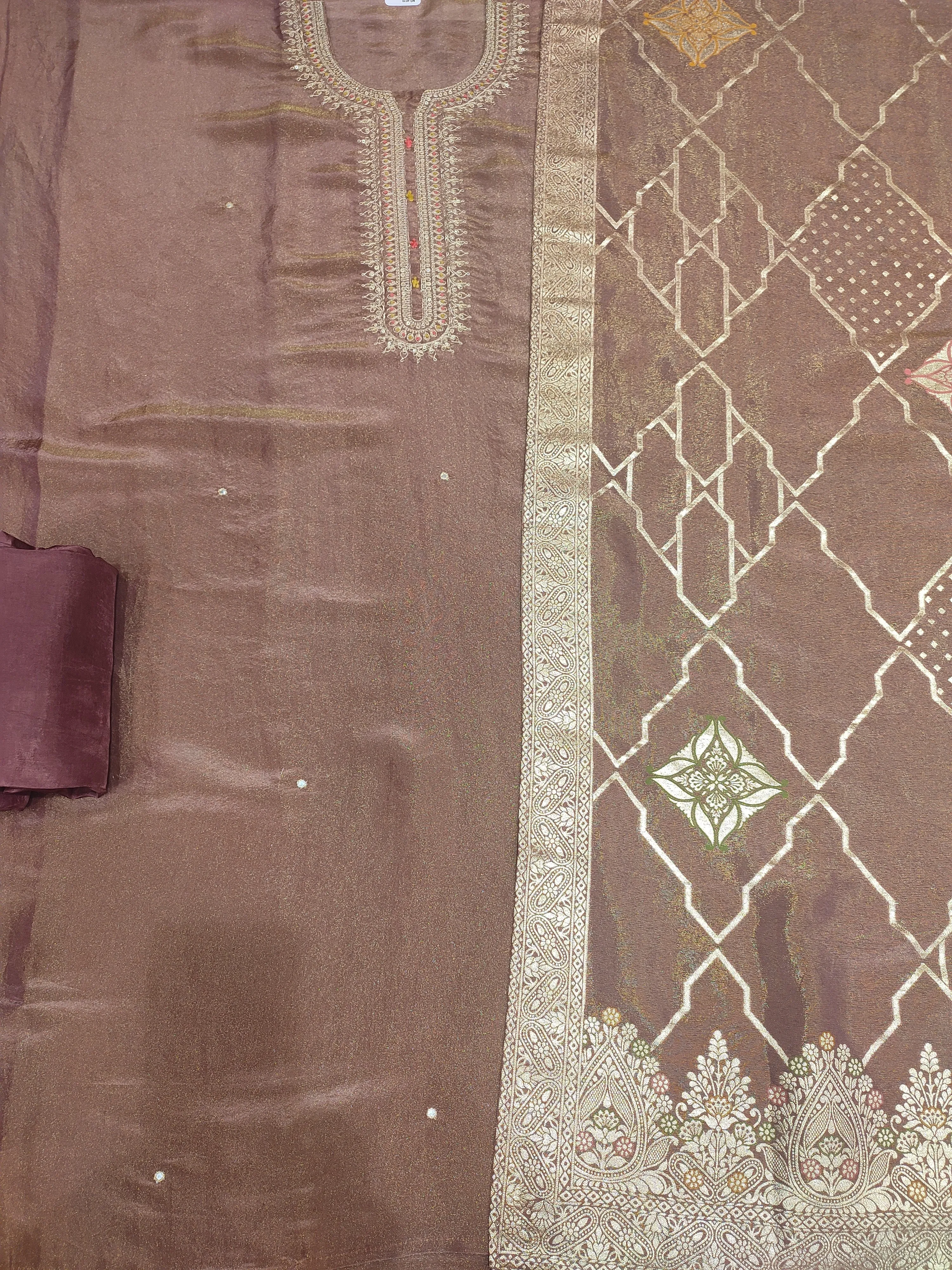 Brown Shimmer Tissue Semi-Stitch Suit With Golden Embroidery