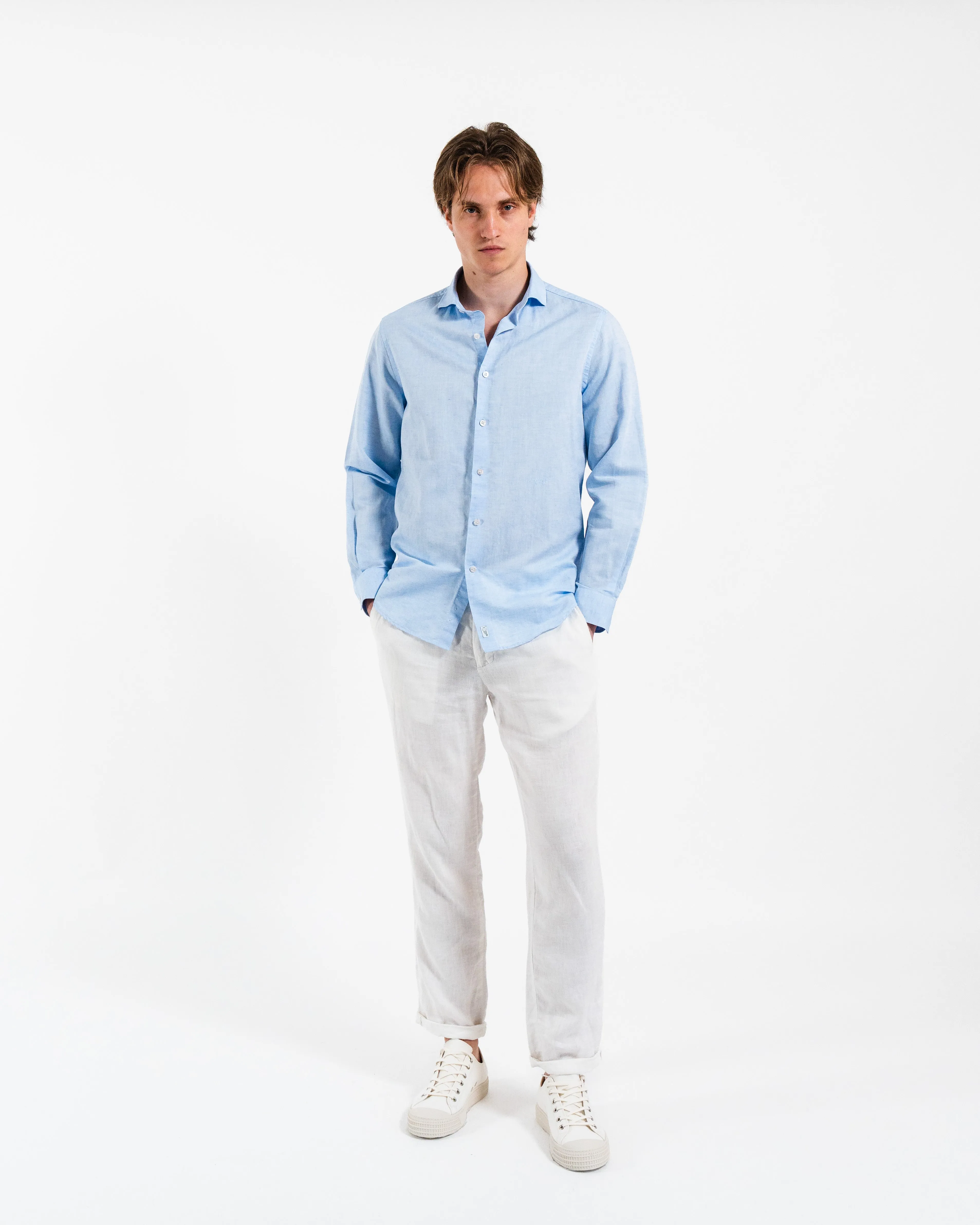 Classic Light Blue Linen-Blend Shirt