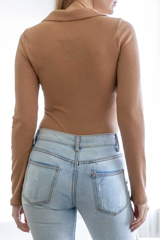 Collared cutout long sleeve bodysuit thermal
