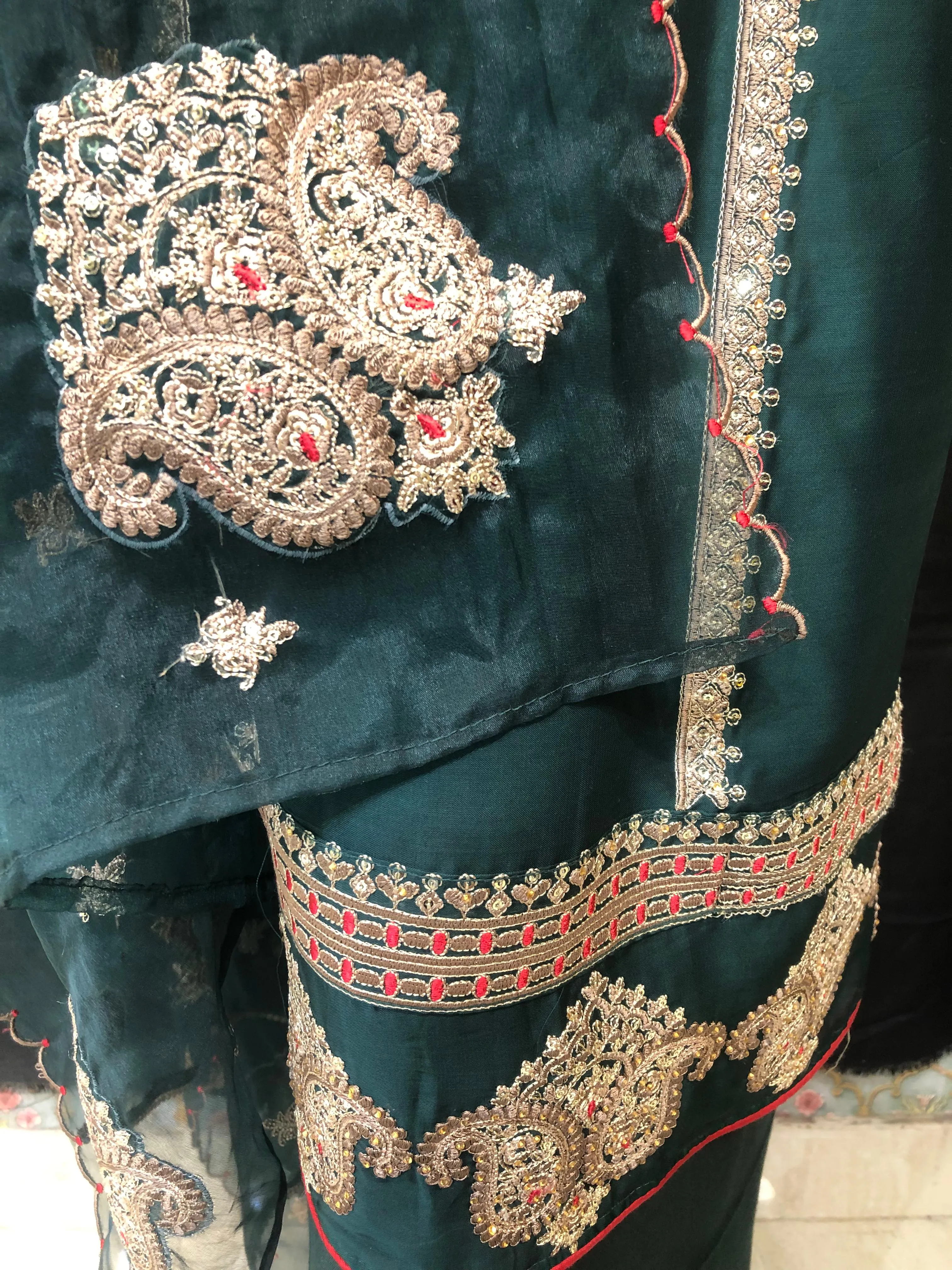 Dark Green Organza Semi-Stitch With Thread Embroidery