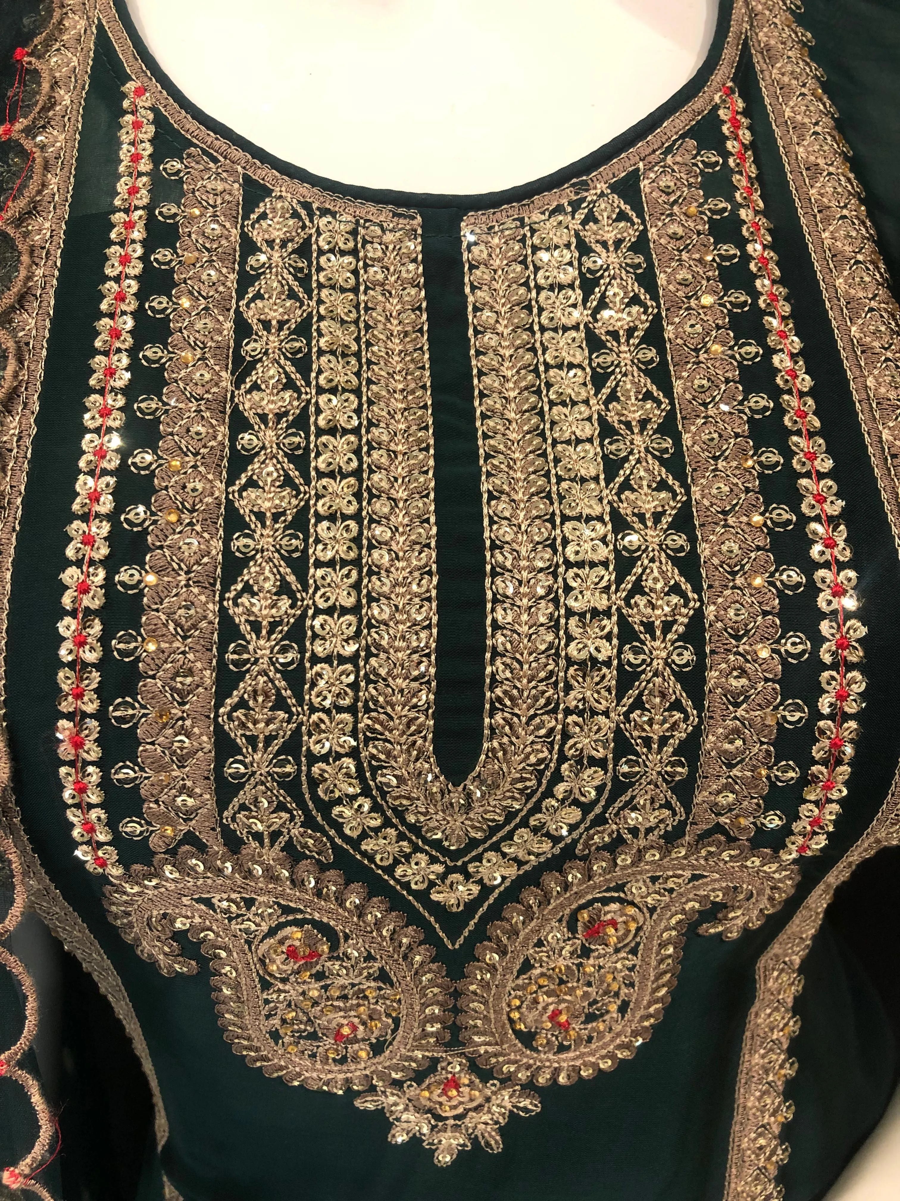 Dark Green Organza Semi-Stitch With Thread Embroidery