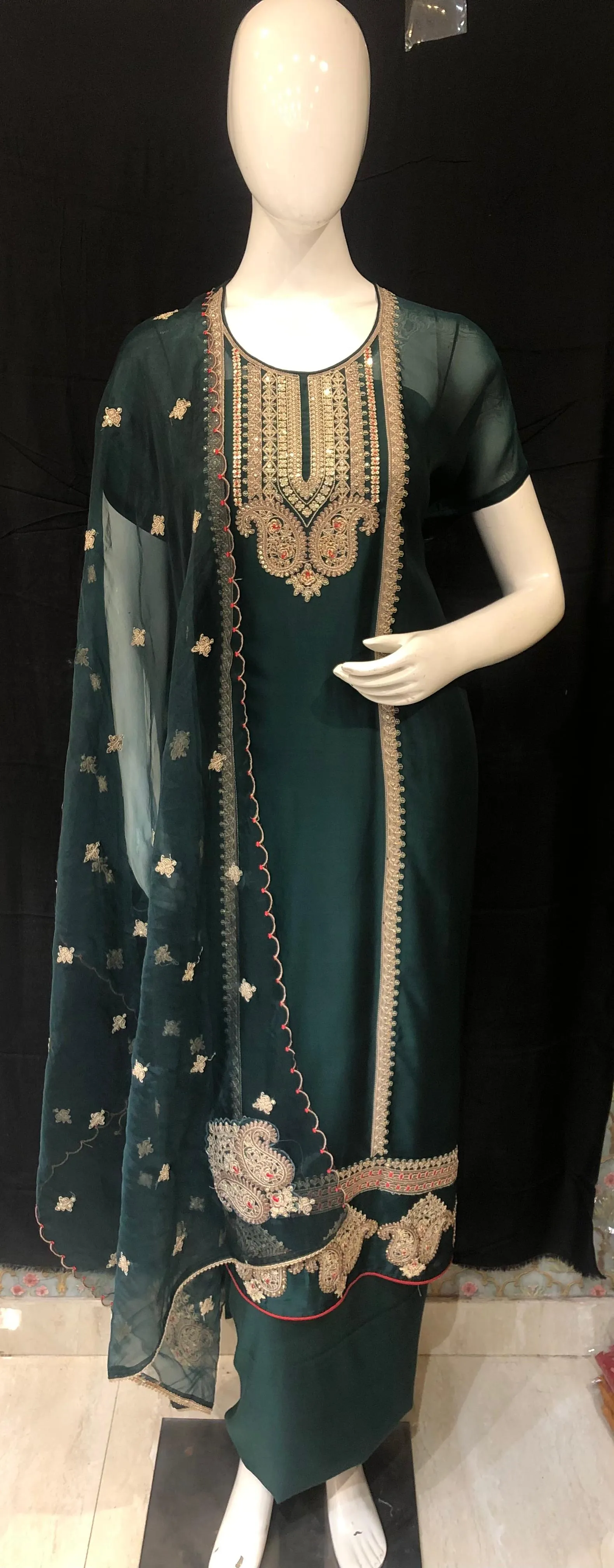 Dark Green Organza Semi-Stitch With Thread Embroidery