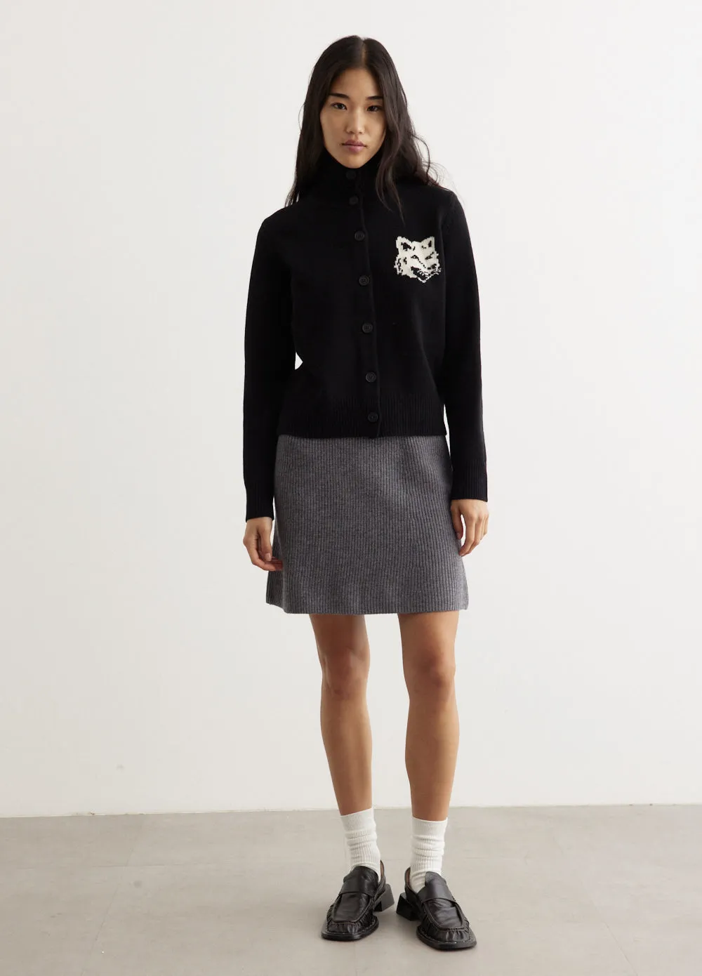 Fox Head Intarsia High Neck Cardigan