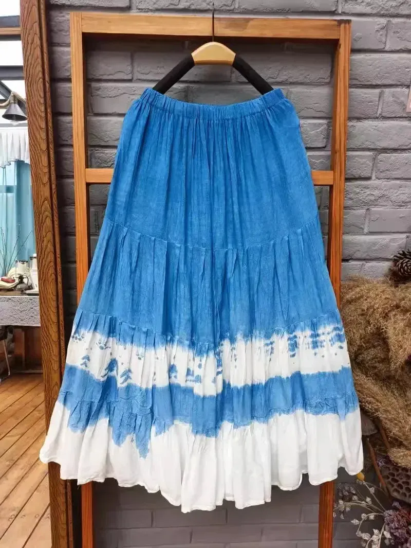 Girlary 2024 New Hand-tie-dyed Blue Batik Spliced Half Skirt Long Skirt Travel Women's Four-section Skirt Skirts