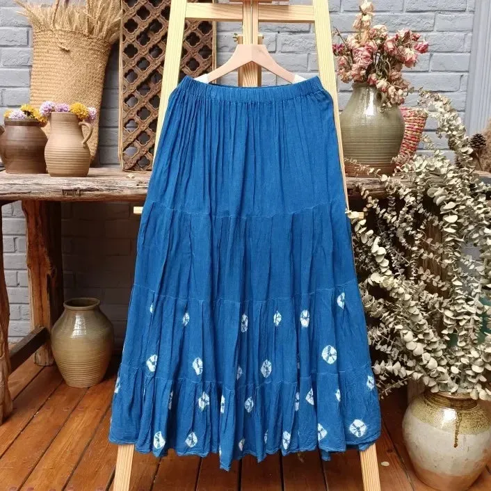 Girlary 2024 New Hand-tie-dyed Blue Batik Spliced Half Skirt Long Skirt Travel Women's Four-section Skirt Skirts