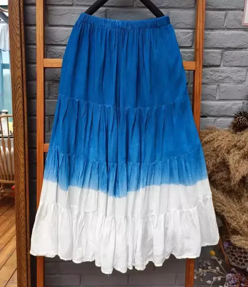 Girlary 2024 New Hand-tie-dyed Blue Batik Spliced Half Skirt Long Skirt Travel Women's Four-section Skirt Skirts