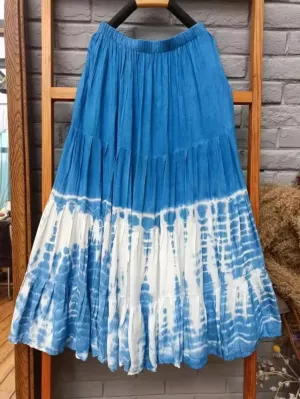 Girlary 2024 New Hand-tie-dyed Blue Batik Spliced Half Skirt Long Skirt Travel Women's Four-section Skirt Skirts