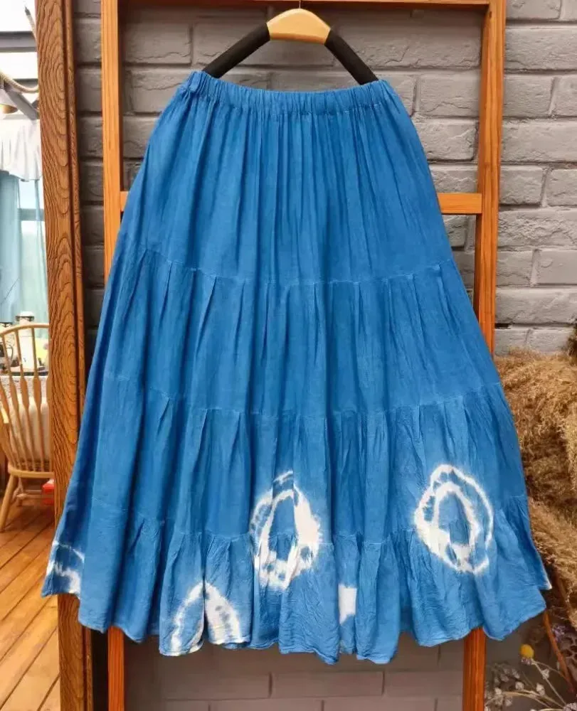 Girlary 2024 New Hand-tie-dyed Blue Batik Spliced Half Skirt Long Skirt Travel Women's Four-section Skirt Skirts