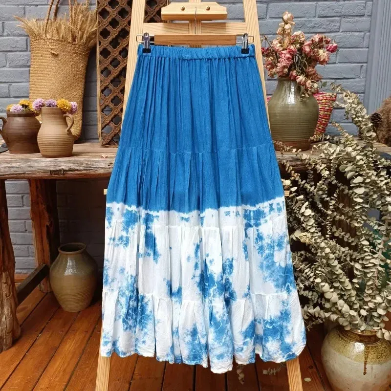 Girlary 2024 New Hand-tie-dyed Blue Batik Spliced Half Skirt Long Skirt Travel Women's Four-section Skirt Skirts