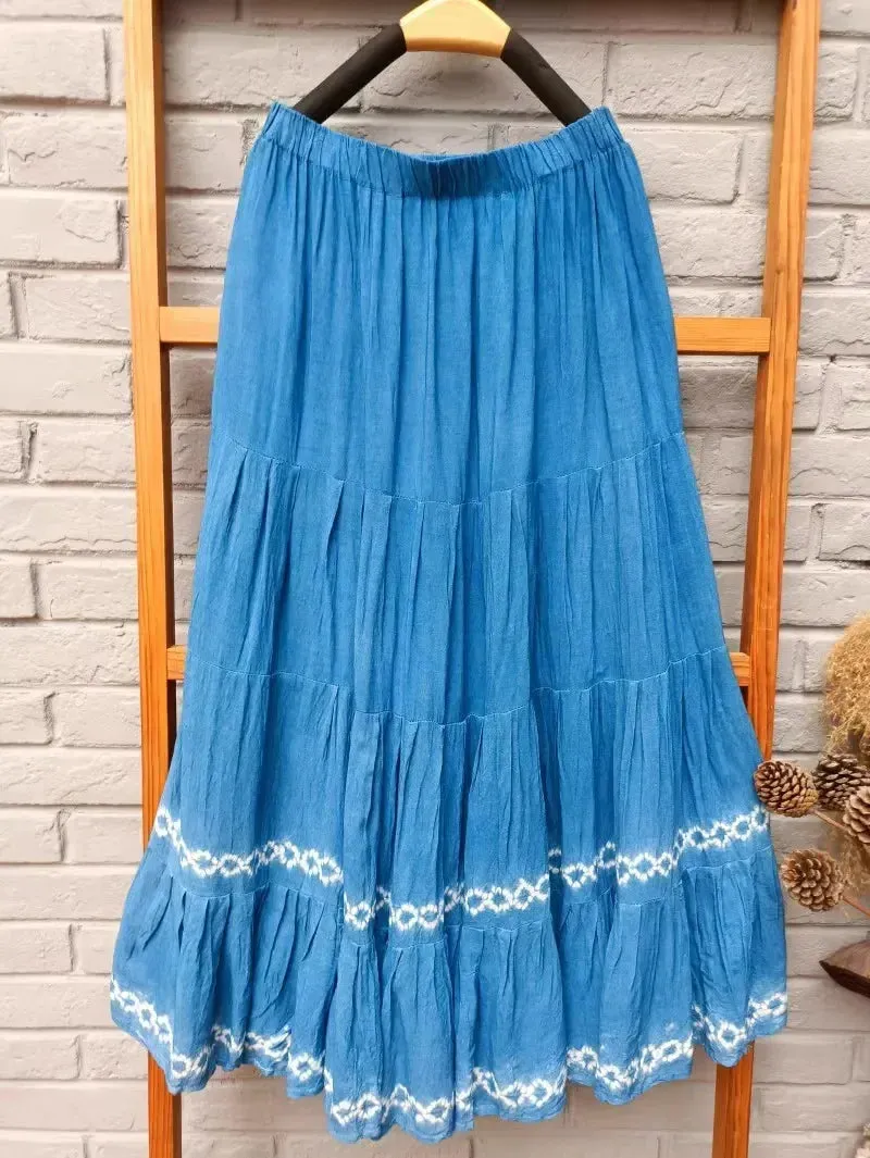Girlary 2024 New Hand-tie-dyed Blue Batik Spliced Half Skirt Long Skirt Travel Women's Four-section Skirt Skirts