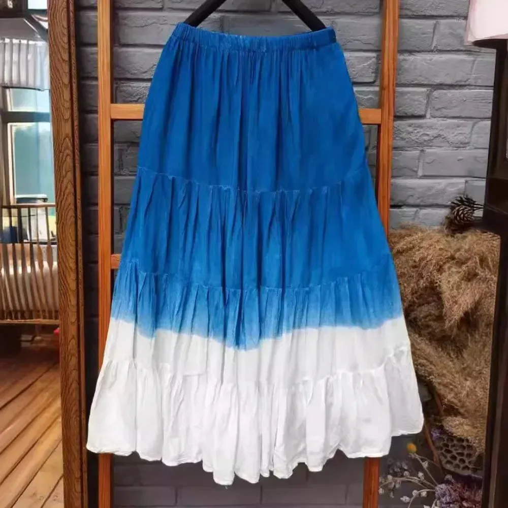 Girlary 2024 New Hand-tie-dyed Blue Batik Spliced Half Skirt Long Skirt Travel Women's Four-section Skirt Skirts
