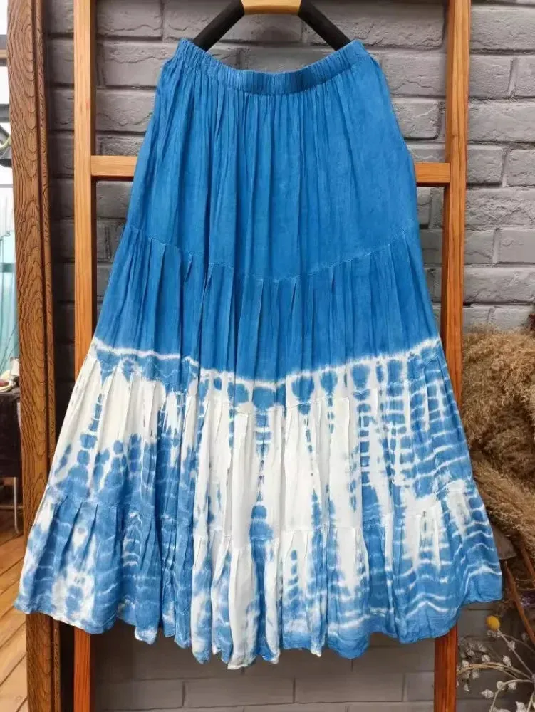 Girlary 2024 New Hand-tie-dyed Blue Batik Spliced Half Skirt Long Skirt Travel Women's Four-section Skirt Skirts