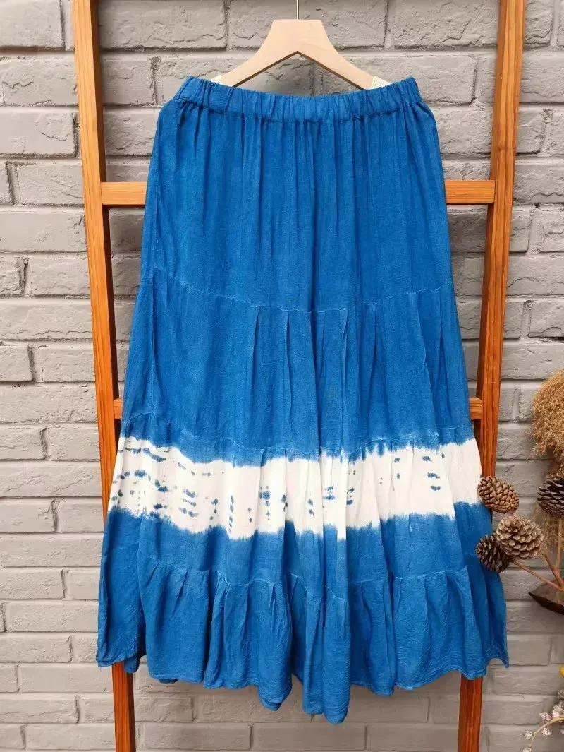 Girlary 2024 New Hand-tie-dyed Blue Batik Spliced Half Skirt Long Skirt Travel Women's Four-section Skirt Skirts