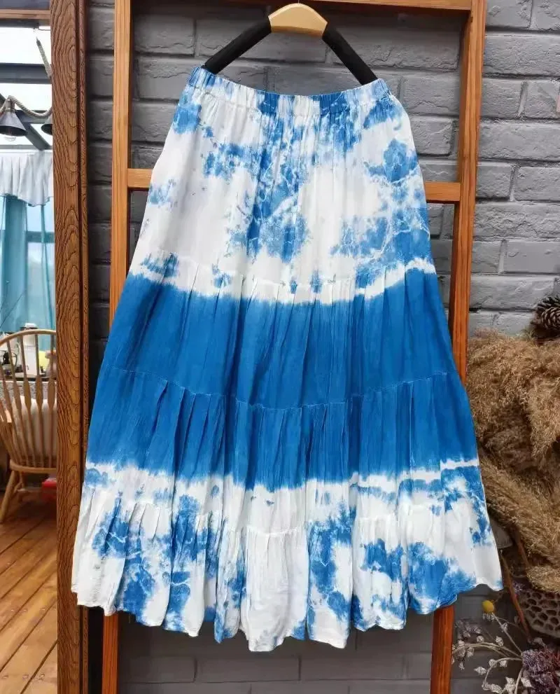 Girlary 2024 New Hand-tie-dyed Blue Batik Spliced Half Skirt Long Skirt Travel Women's Four-section Skirt Skirts