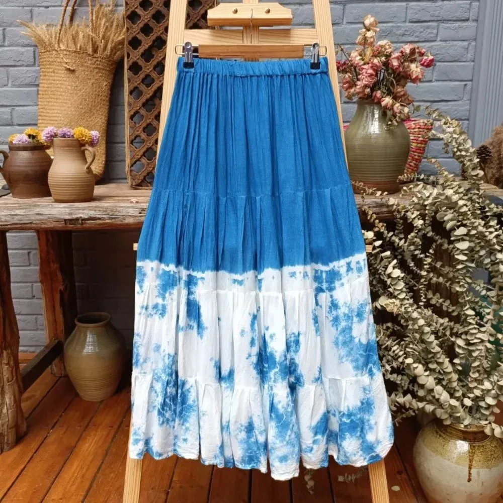 Girlary 2024 New Hand-tie-dyed Blue Batik Spliced Half Skirt Long Skirt Travel Women's Four-section Skirt Skirts