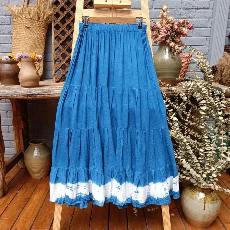 Girlary 2024 New Hand-tie-dyed Blue Batik Spliced Half Skirt Long Skirt Travel Women's Four-section Skirt Skirts