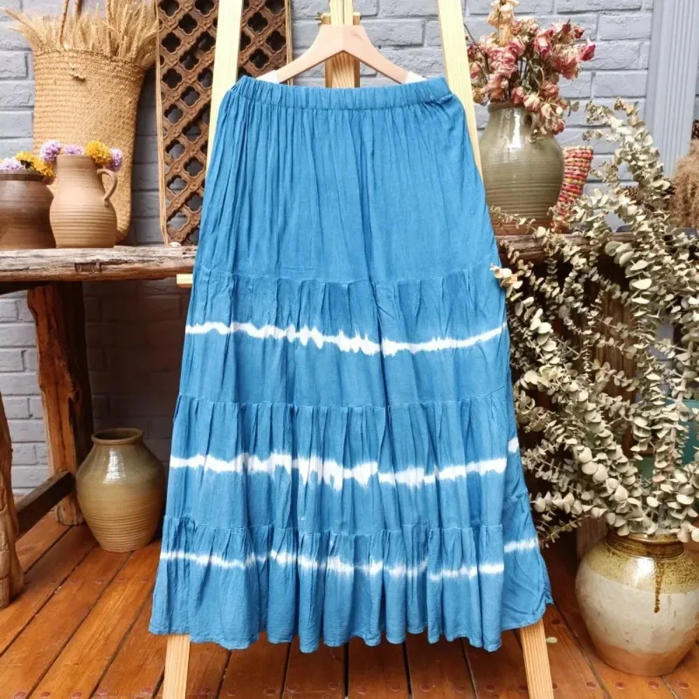 Girlary 2024 New Hand-tie-dyed Blue Batik Spliced Half Skirt Long Skirt Travel Women's Four-section Skirt Skirts