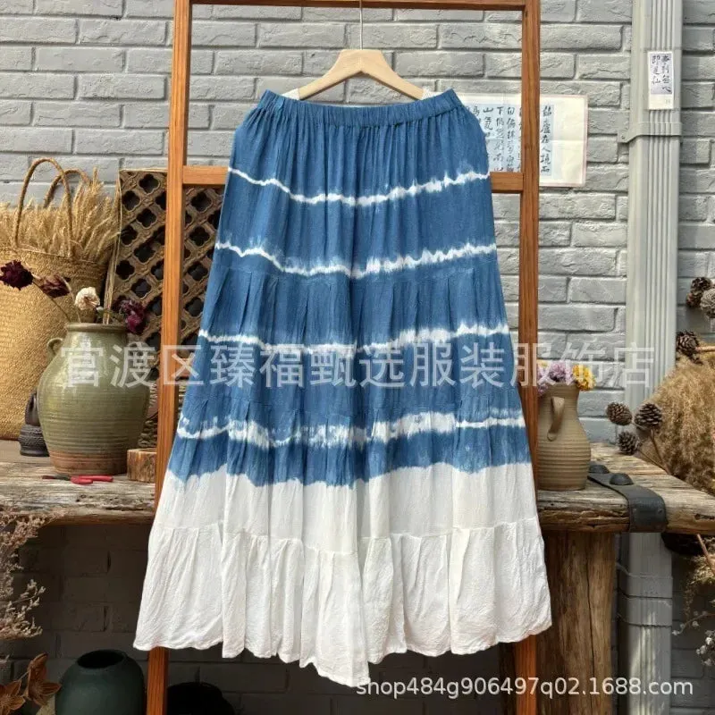 Girlary 2024 New Hand-tie-dyed Blue Batik Spliced Half Skirt Long Skirt Travel Women's Four-section Skirt Skirts