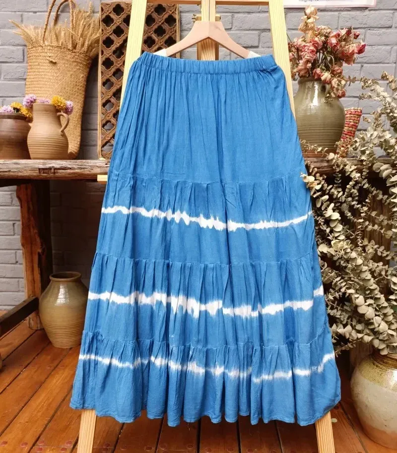 Girlary 2024 New Hand-tie-dyed Blue Batik Spliced Half Skirt Long Skirt Travel Women's Four-section Skirt Skirts