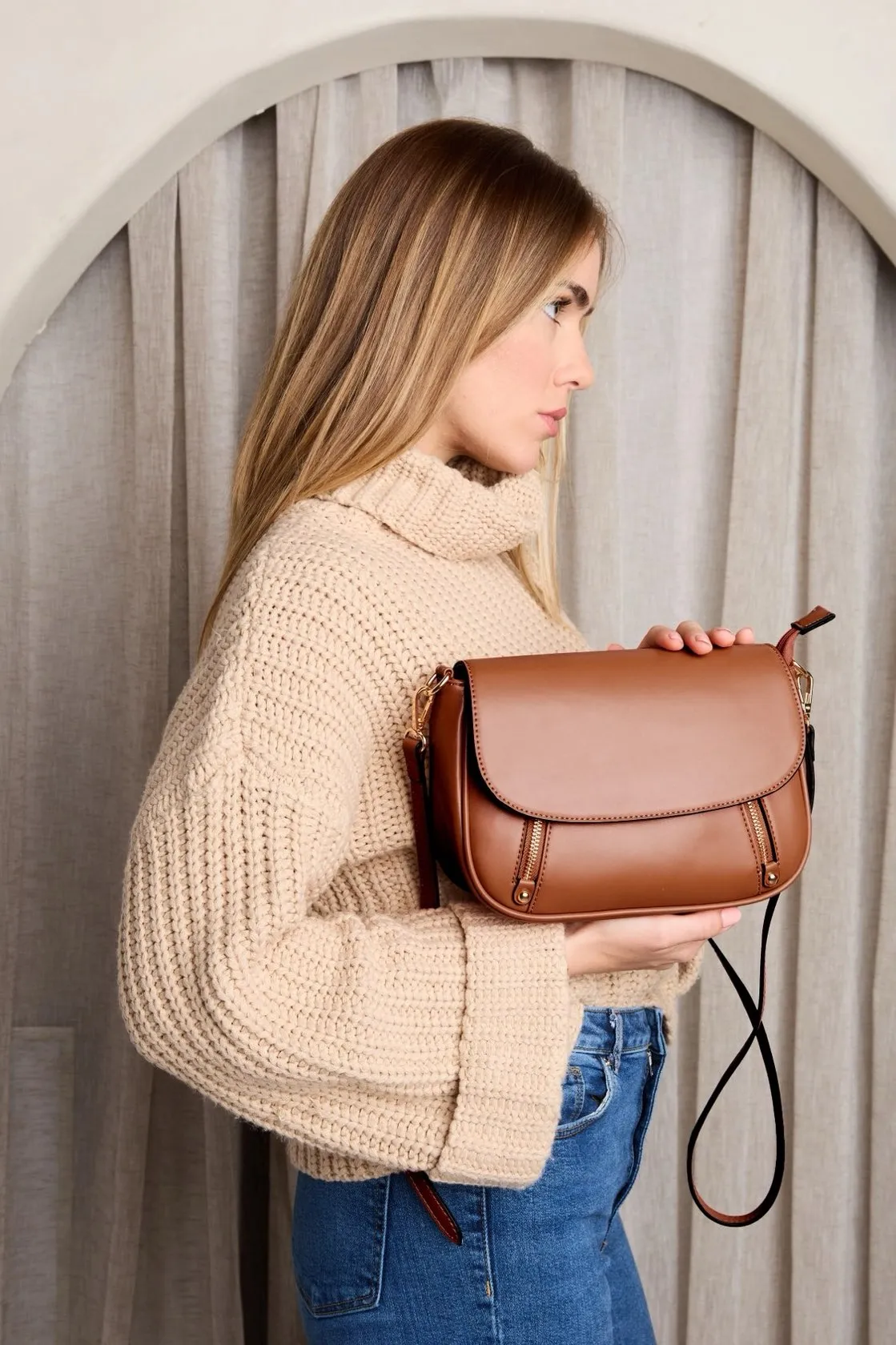 Lindsay Dual Zip Crossbody -Brown