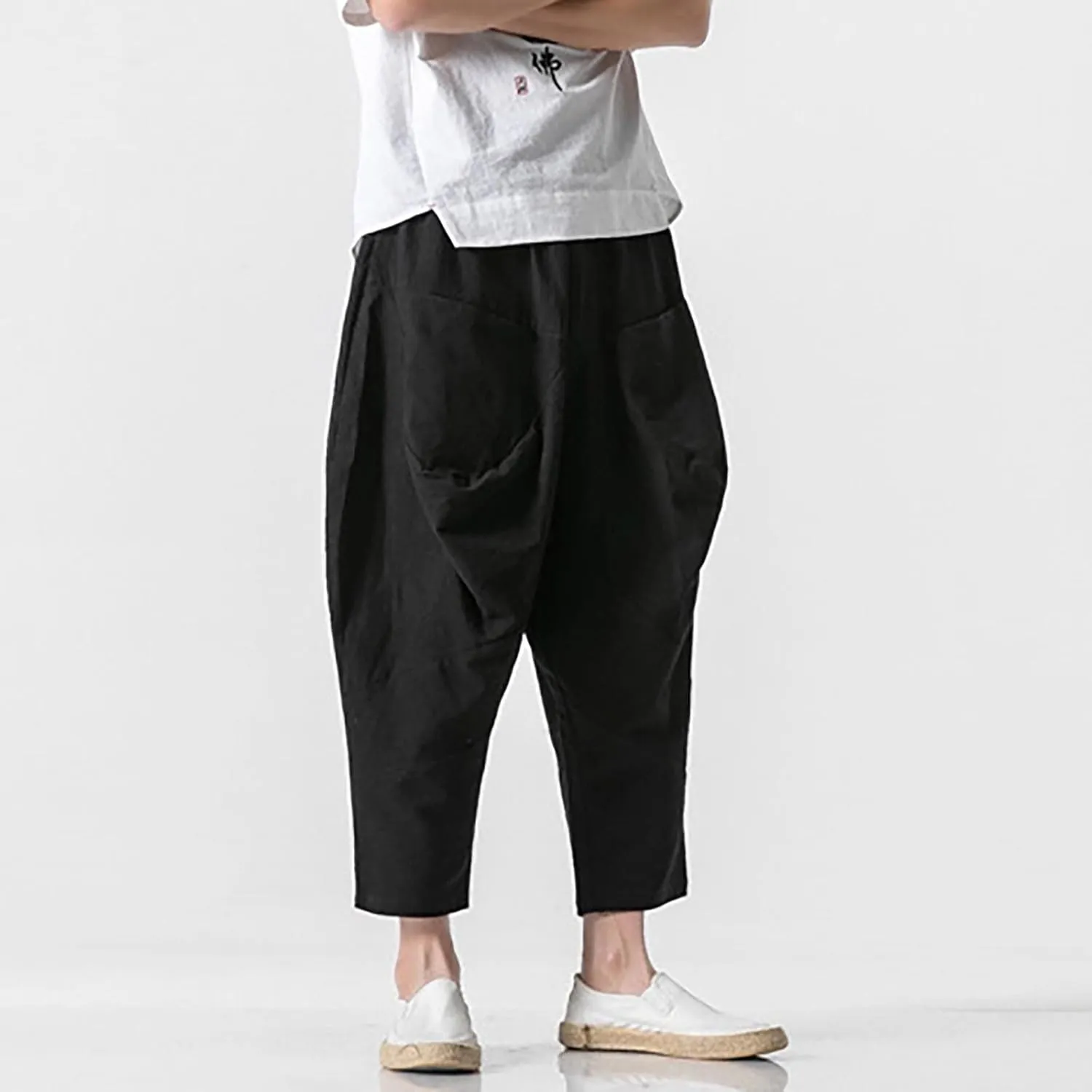 Mens Linen Open Bottom Corpped Pants Wide Leg Breathable Casual Trousers with Front Pockets Summer Beach Hippie Harem Pant