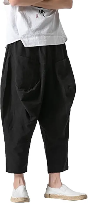 Mens Linen Open Bottom Corpped Pants Wide Leg Breathable Casual Trousers with Front Pockets Summer Beach Hippie Harem Pant