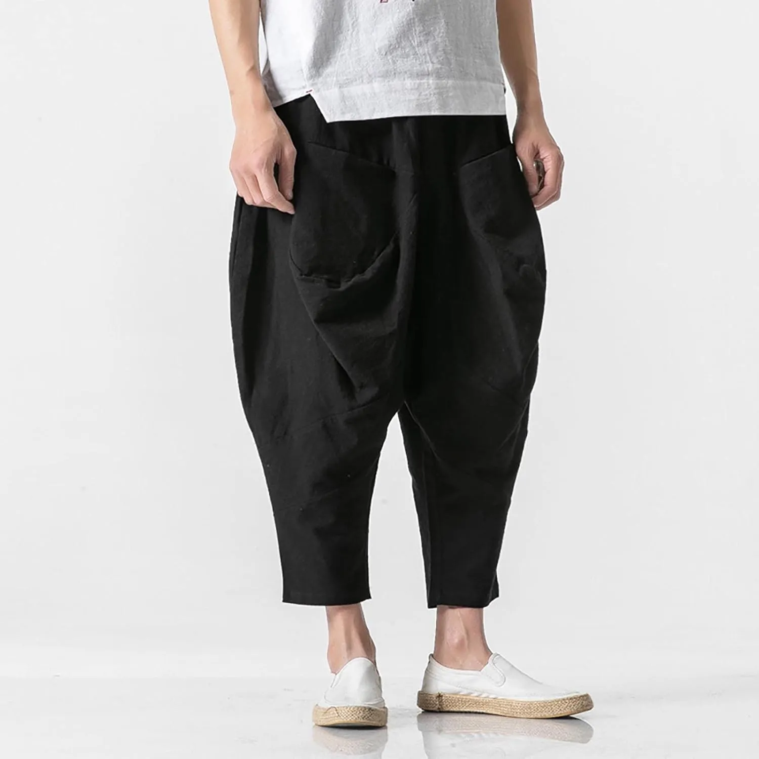 Mens Linen Open Bottom Corpped Pants Wide Leg Breathable Casual Trousers with Front Pockets Summer Beach Hippie Harem Pant