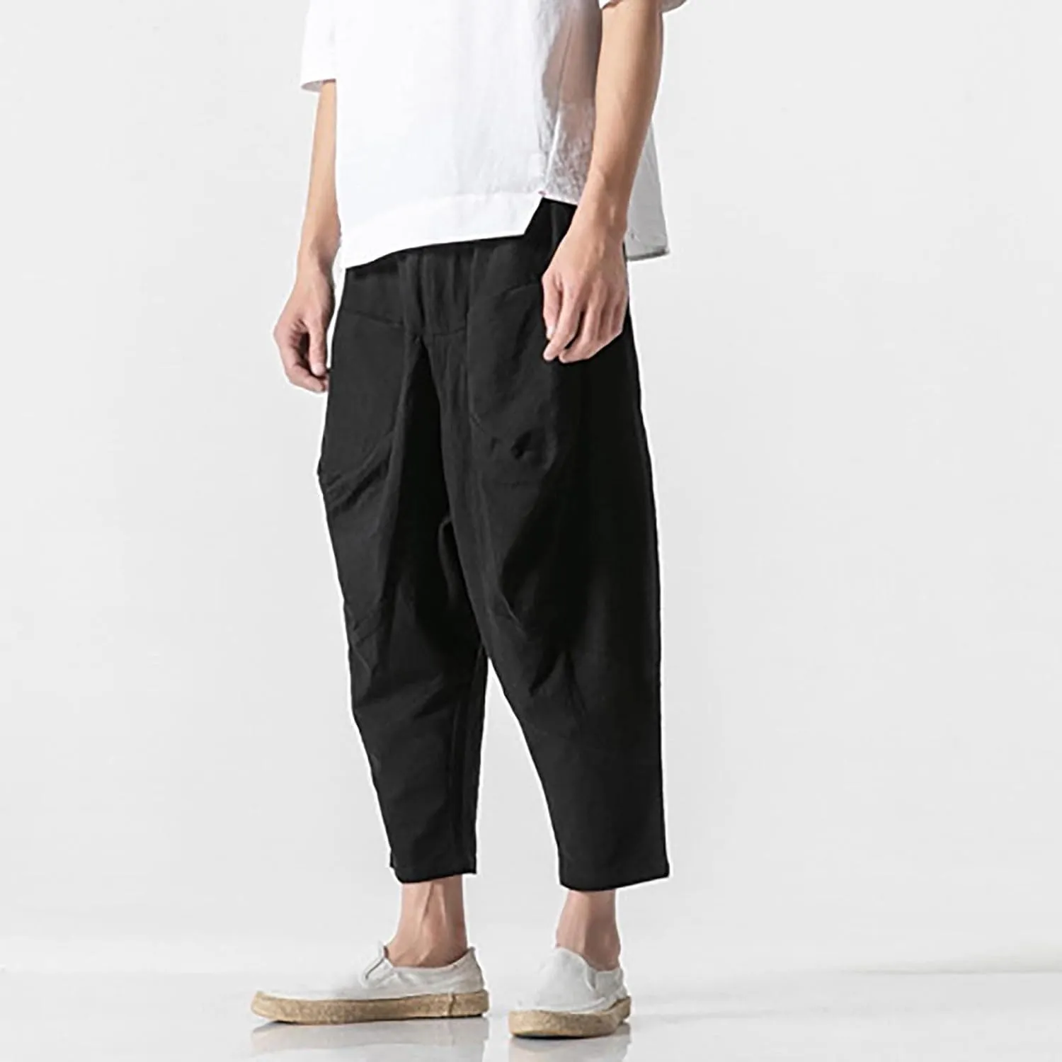Mens Linen Open Bottom Corpped Pants Wide Leg Breathable Casual Trousers with Front Pockets Summer Beach Hippie Harem Pant