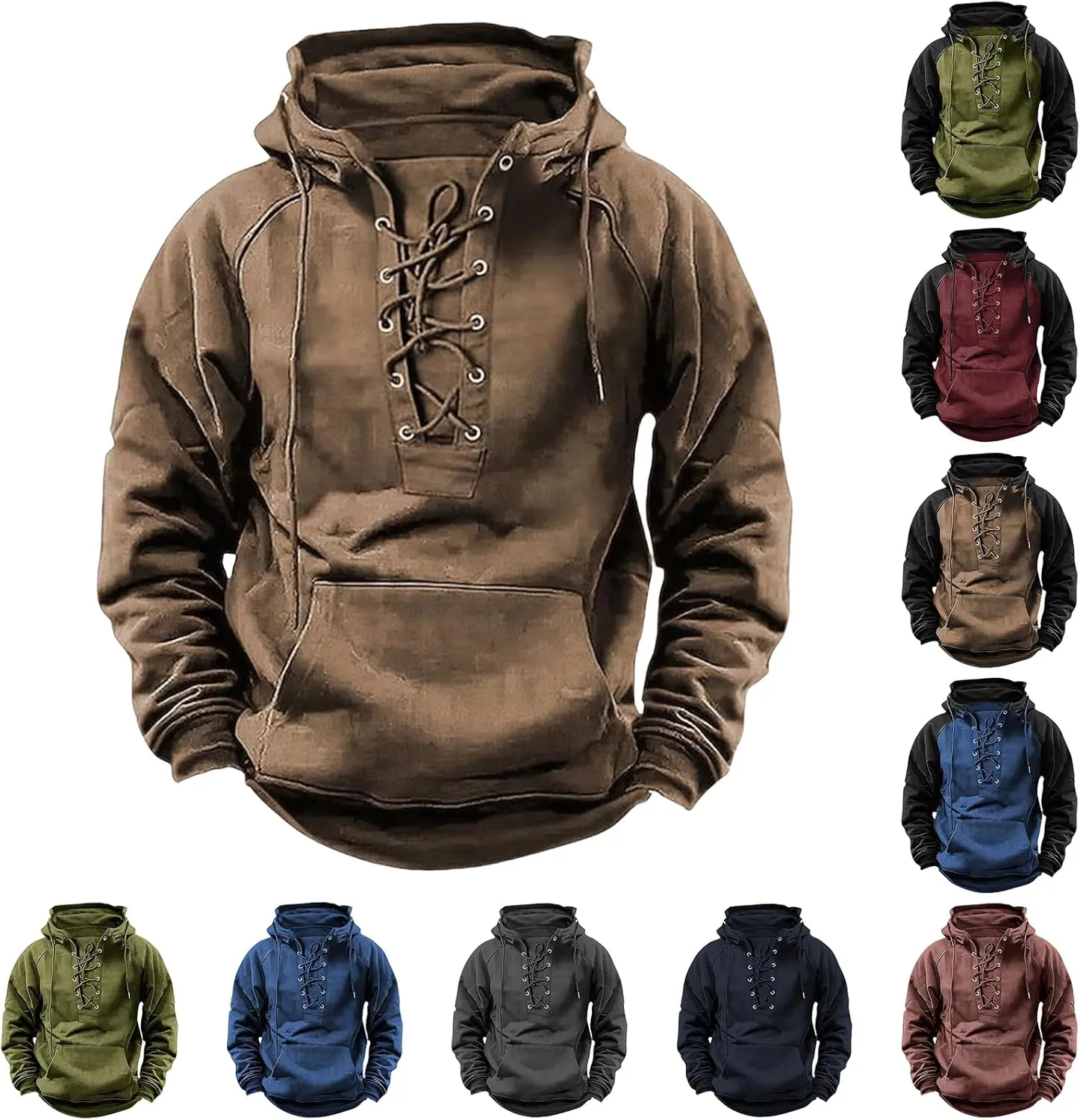 Men's Military Tactical Jacket Long Sleeve Pullover Hooded Sweatshirts Lace Up Cargo Workout Coat with Kangaroo Pockets