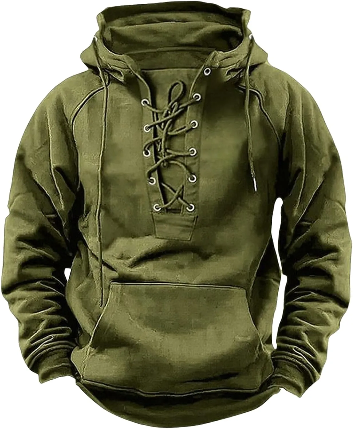 Men's Military Tactical Jacket Long Sleeve Pullover Hooded Sweatshirts Lace Up Cargo Workout Coat with Kangaroo Pockets