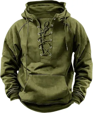 Men's Military Tactical Jacket Long Sleeve Pullover Hooded Sweatshirts Lace Up Cargo Workout Coat with Kangaroo Pockets