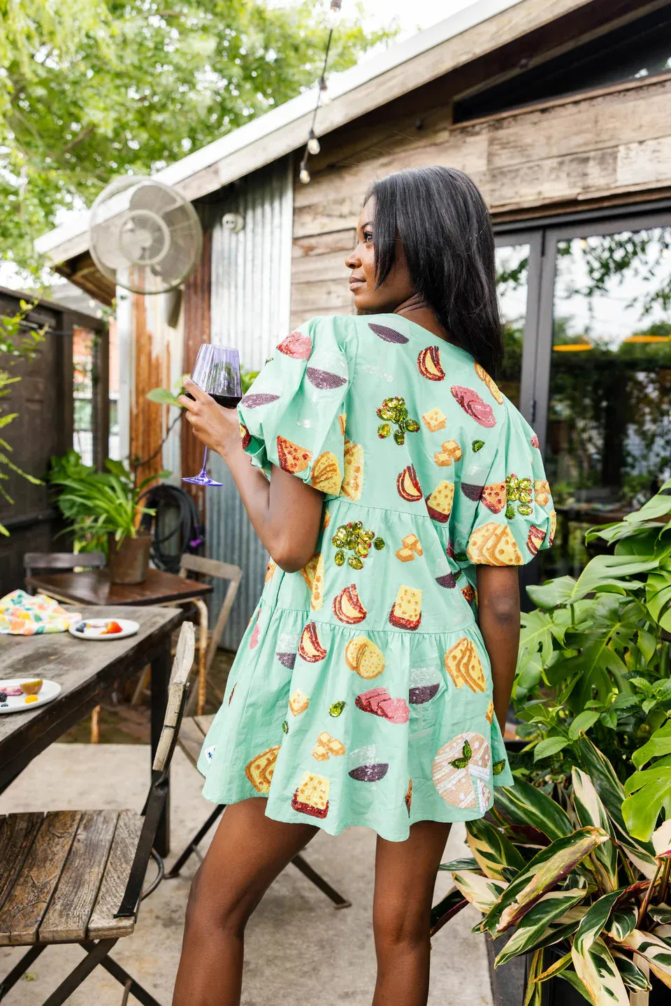Mint Wine & Charcuterie Poof Sleeve Dress