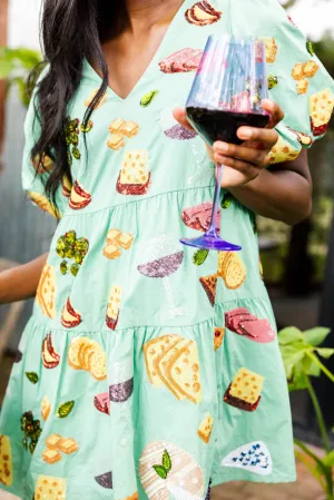 Mint Wine & Charcuterie Poof Sleeve Dress