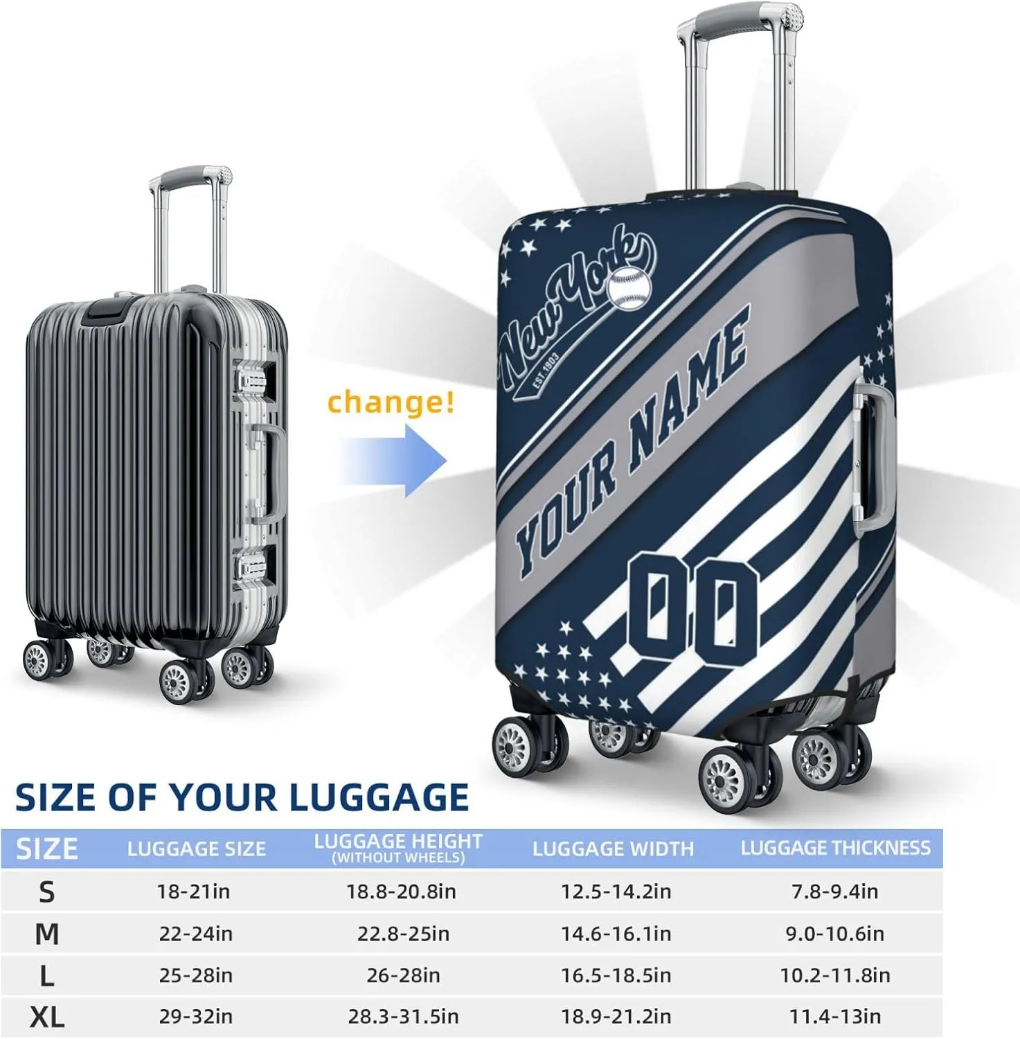 New York Luggage Cover, Custom Baseball Style Suitcase Cover, Blue, Polyester, Secure Closure, Top and Side Grip, One Size