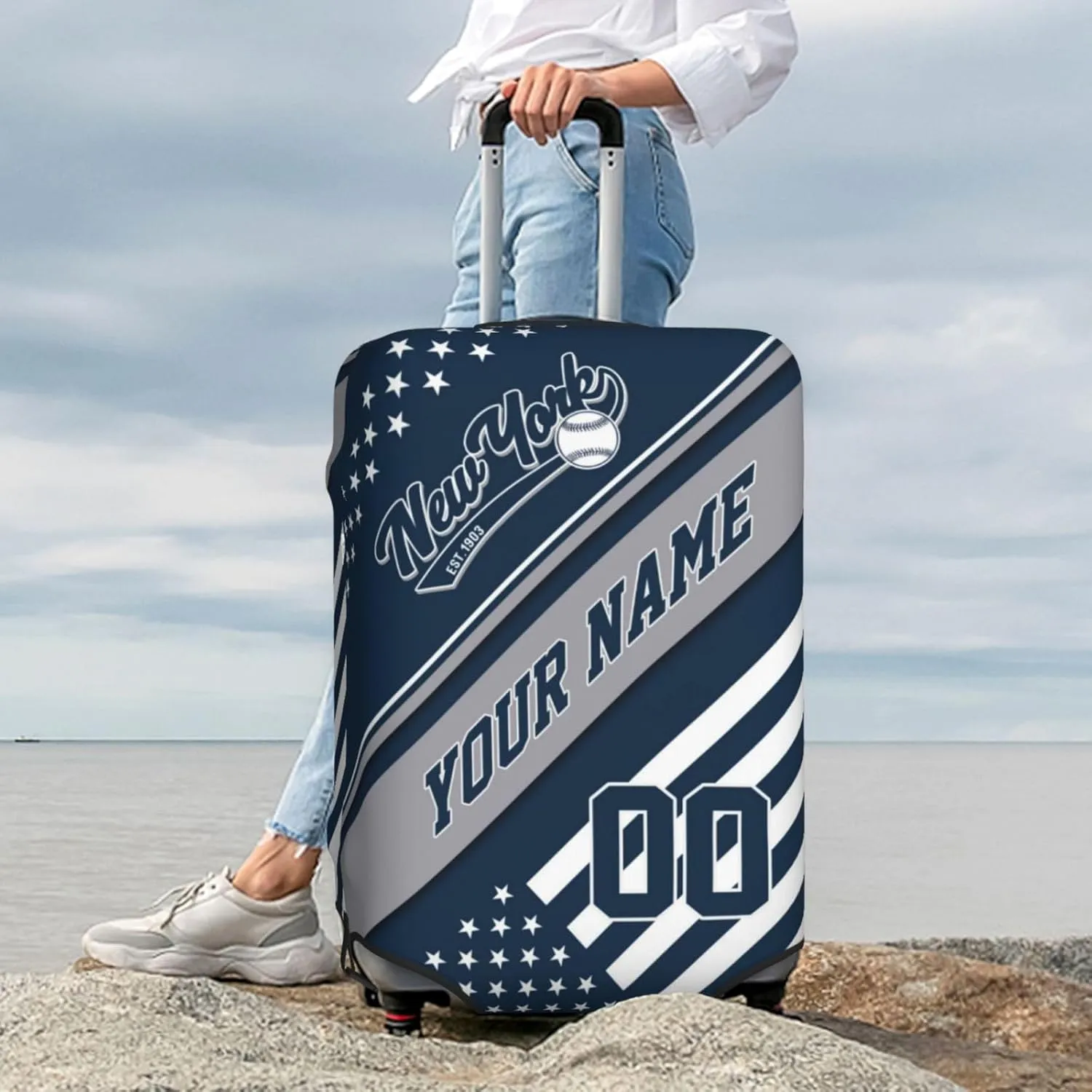 New York Luggage Cover, Custom Baseball Style Suitcase Cover, Blue, Polyester, Secure Closure, Top and Side Grip, One Size