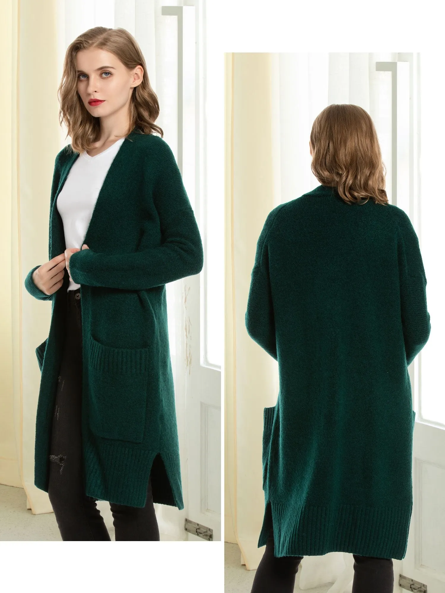 Open Front Wool Blend Pockets Cardigan