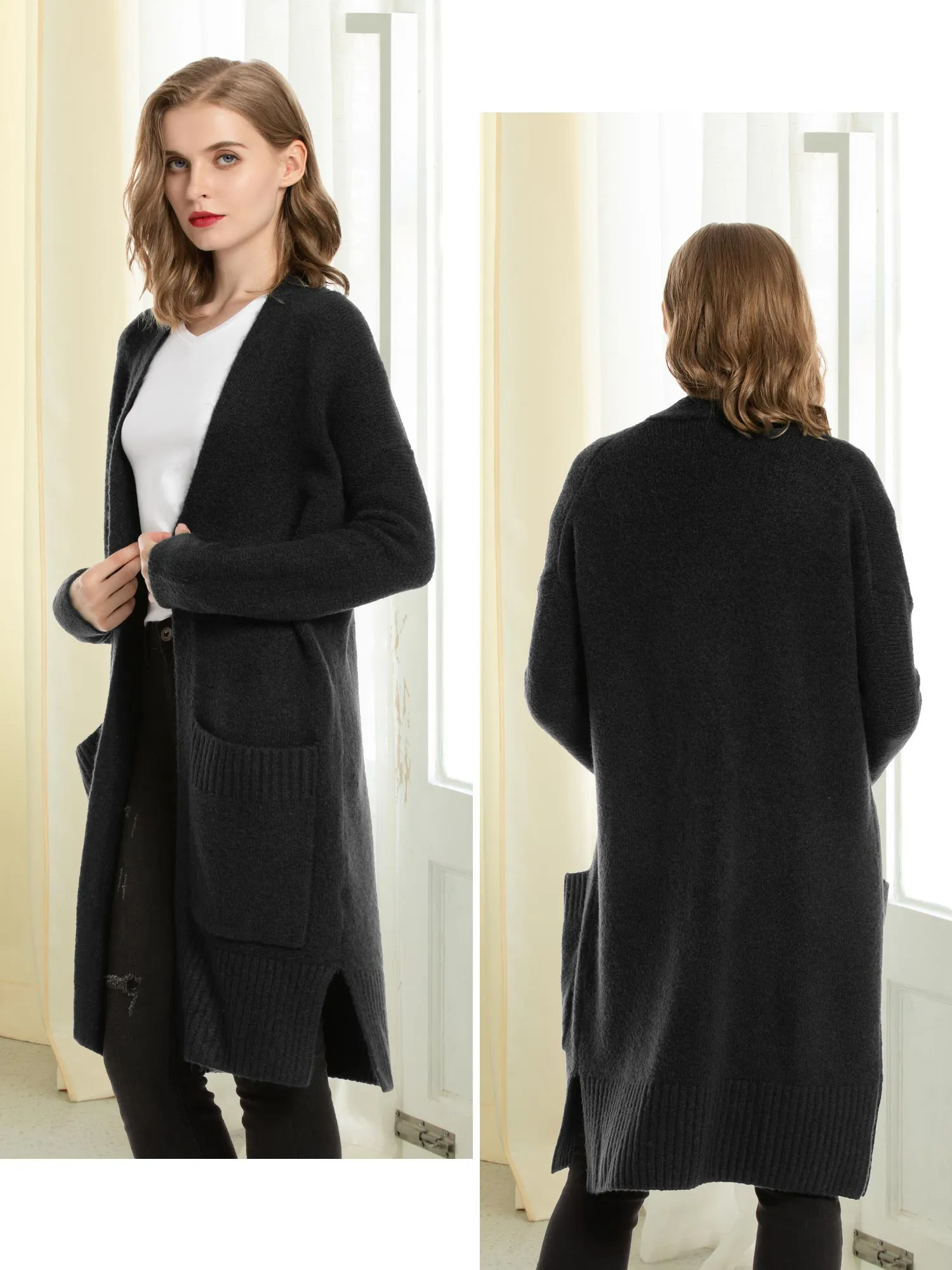 Open Front Wool Blend Pockets Cardigan