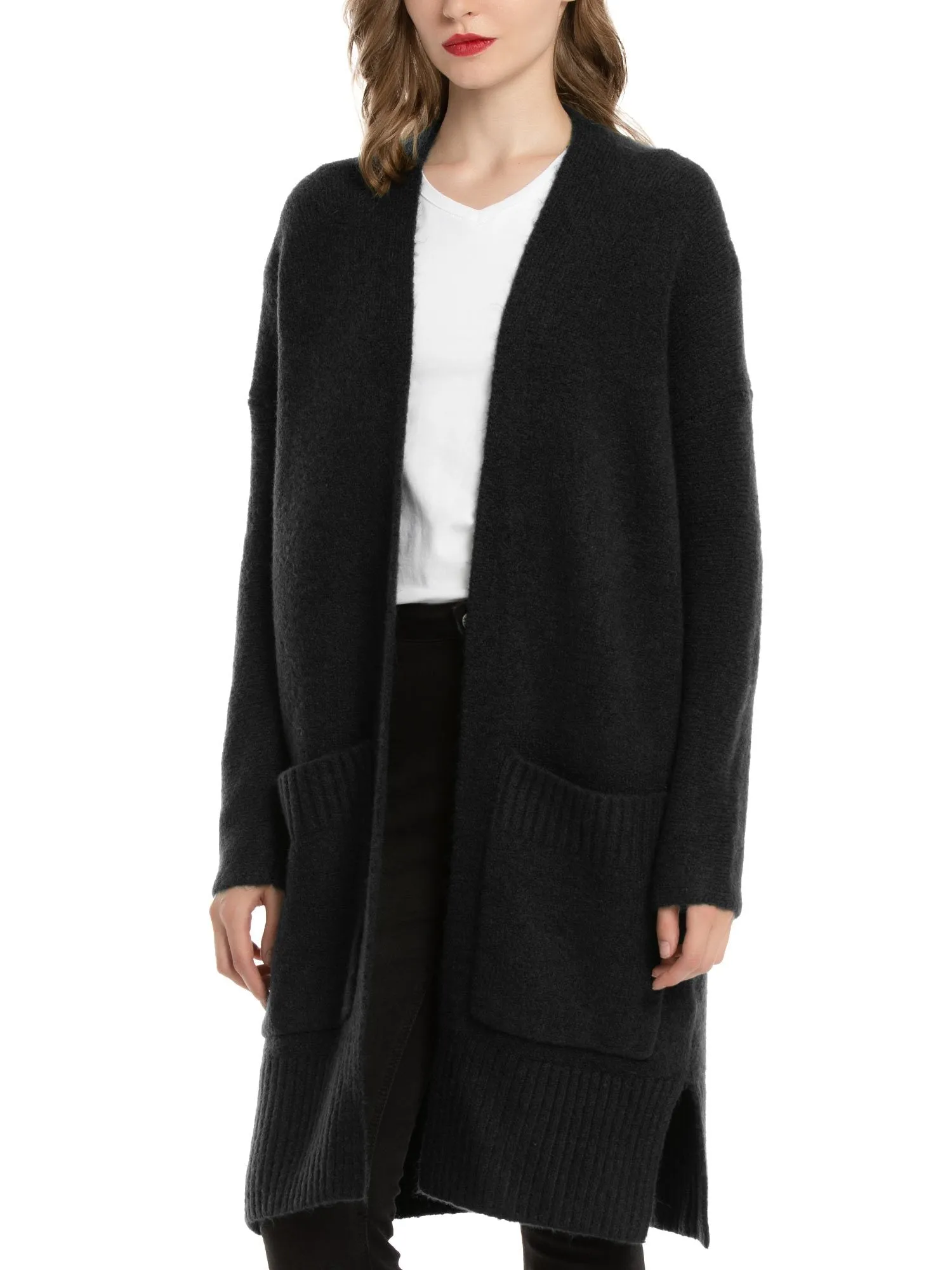 Open Front Wool Blend Pockets Cardigan