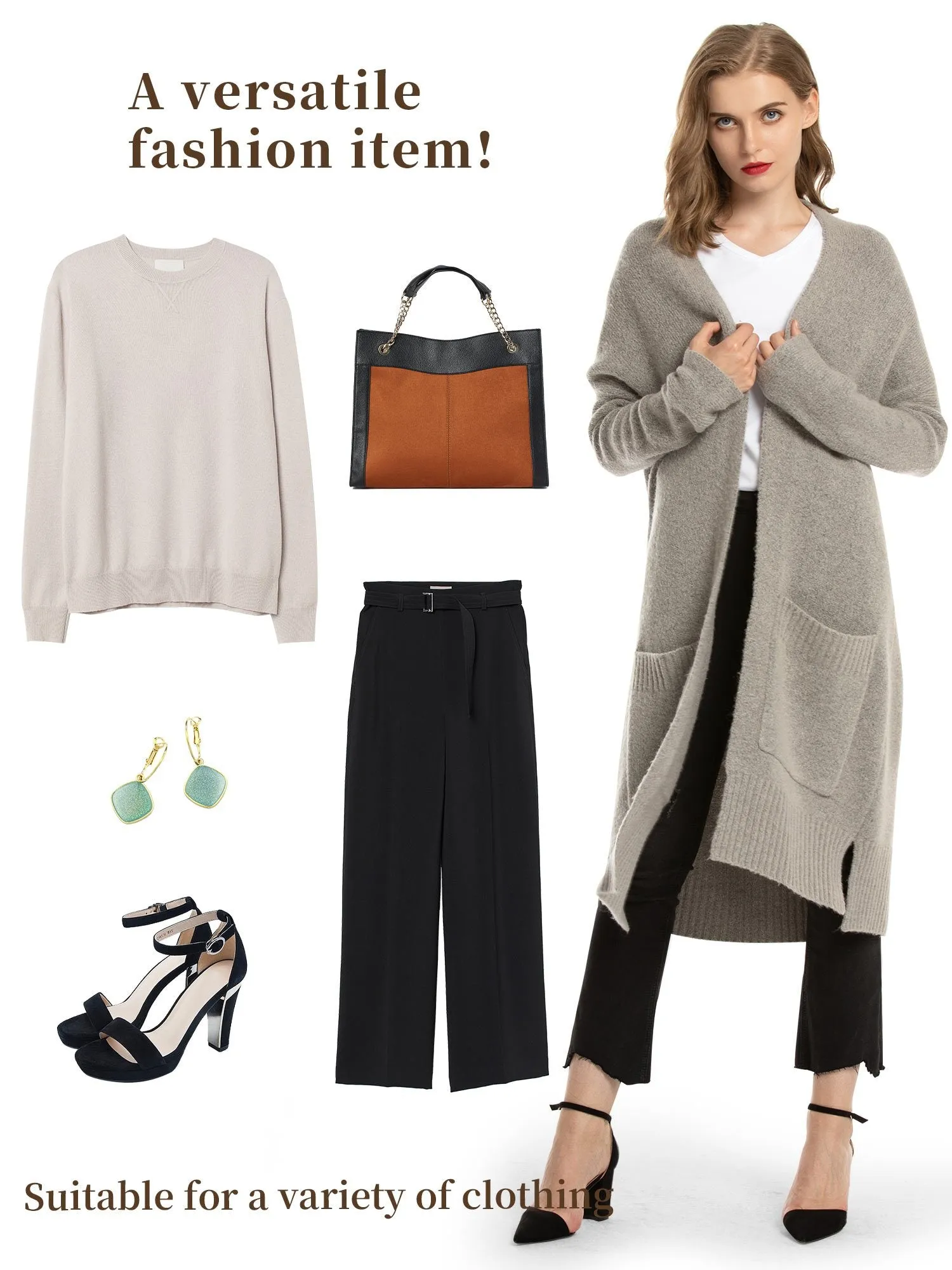 Open Front Wool Blend Pockets Cardigan