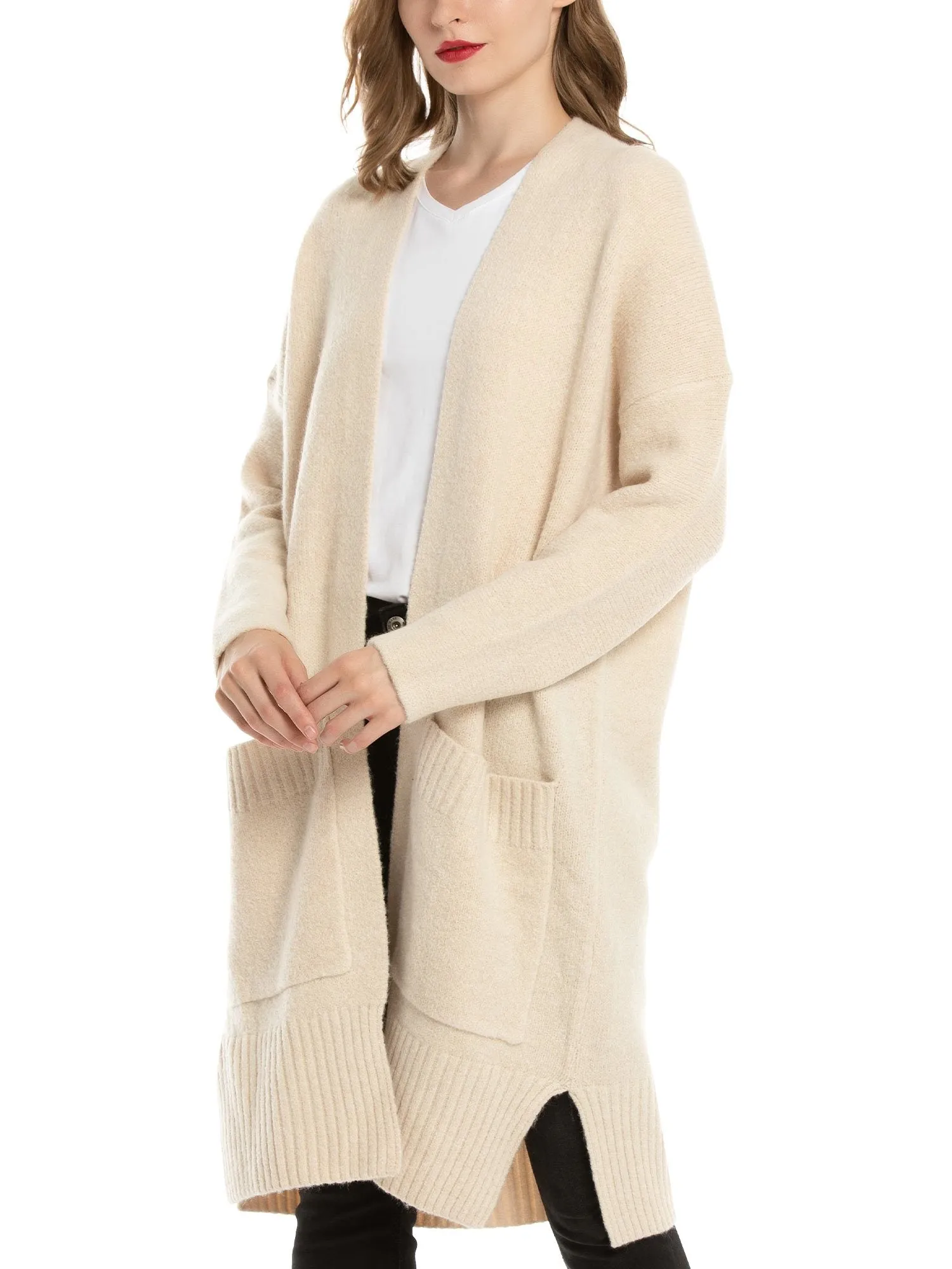Open Front Wool Blend Pockets Cardigan