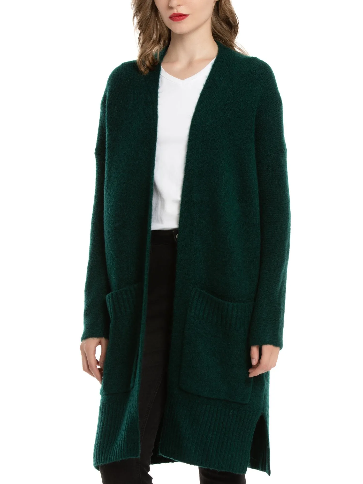 Open Front Wool Blend Pockets Cardigan