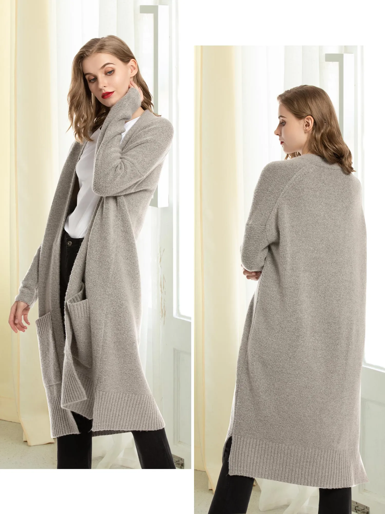 Open Front Wool Blend Pockets Cardigan
