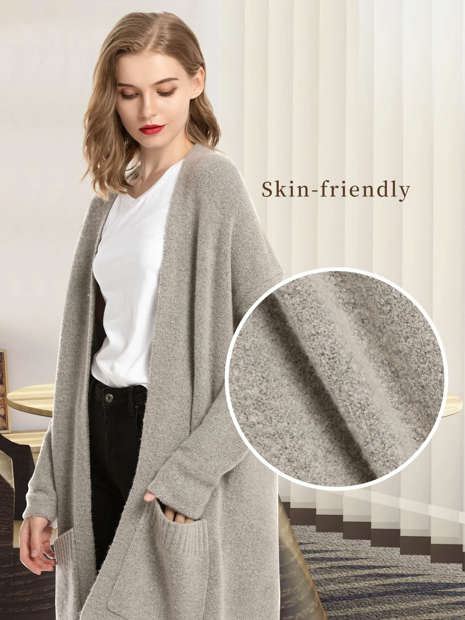 Open Front Wool Blend Pockets Cardigan
