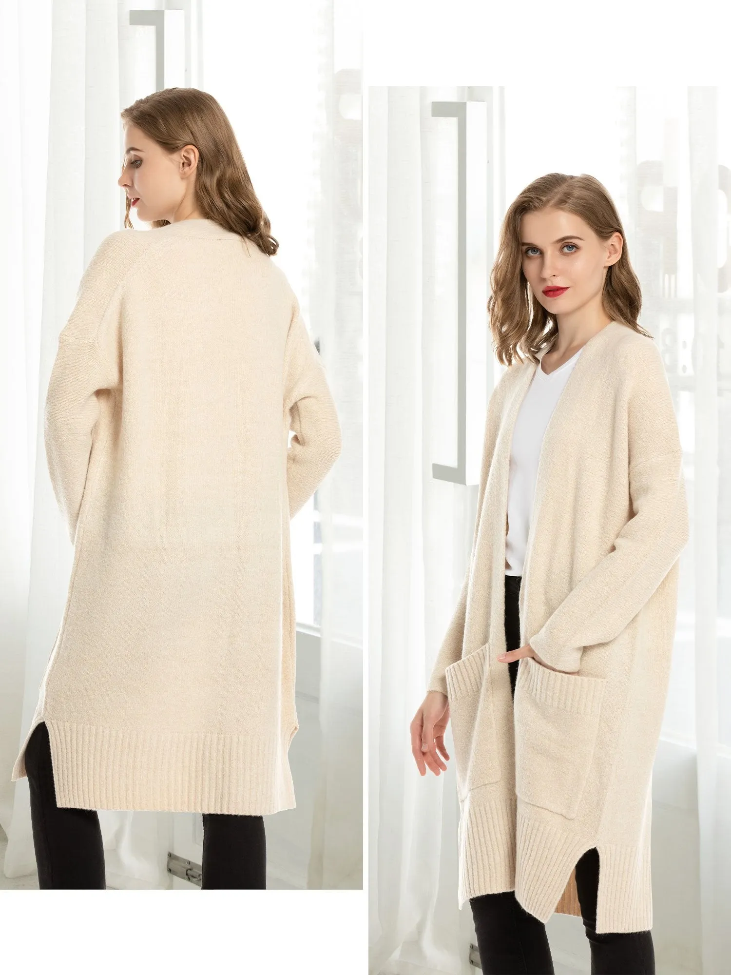 Open Front Wool Blend Pockets Cardigan
