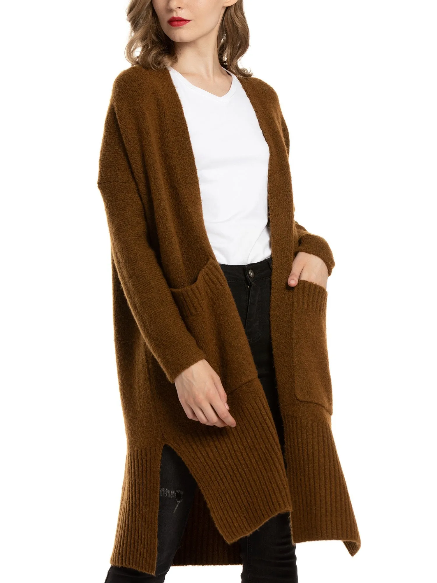 Open Front Wool Blend Pockets Cardigan