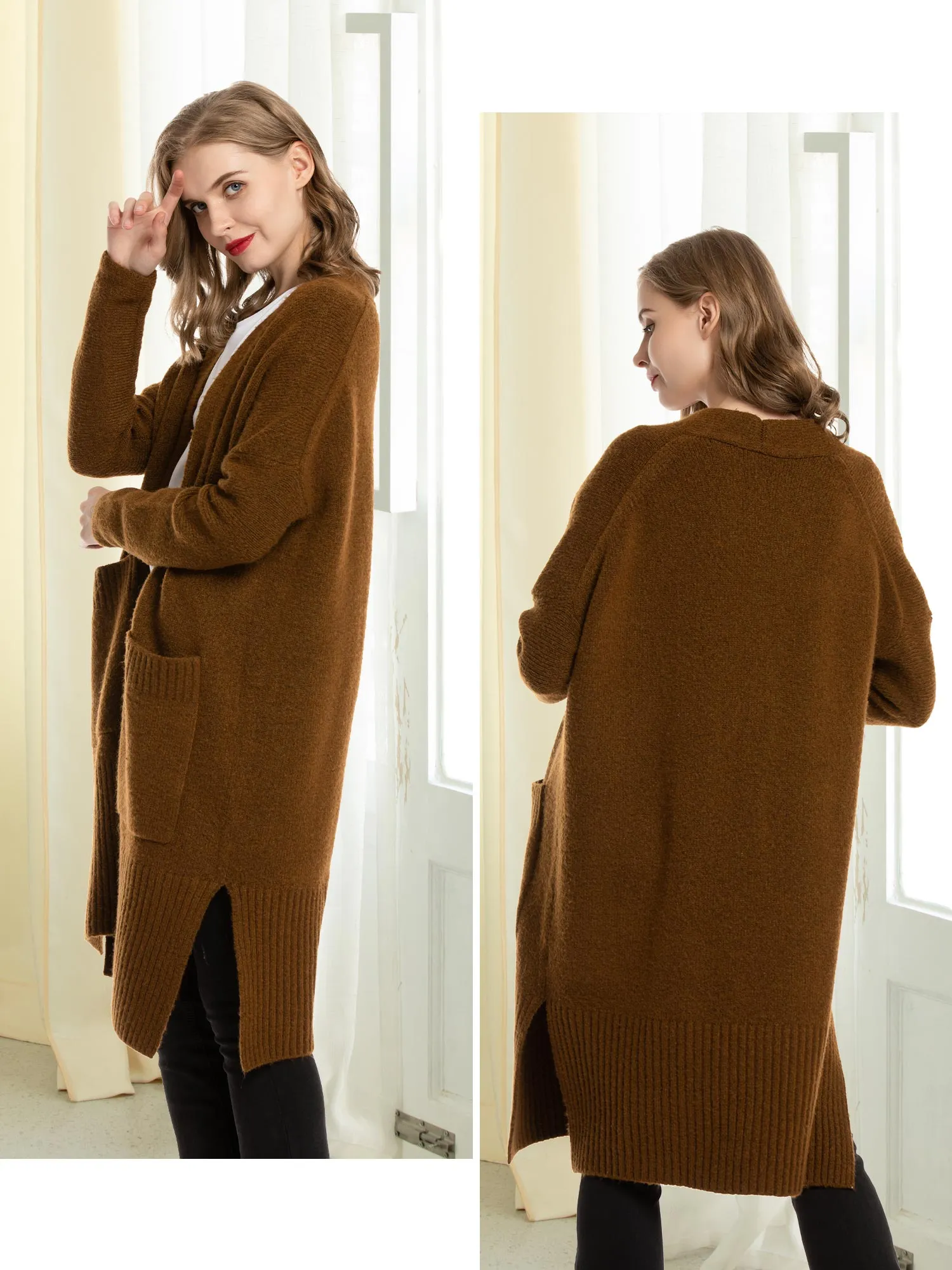 Open Front Wool Blend Pockets Cardigan