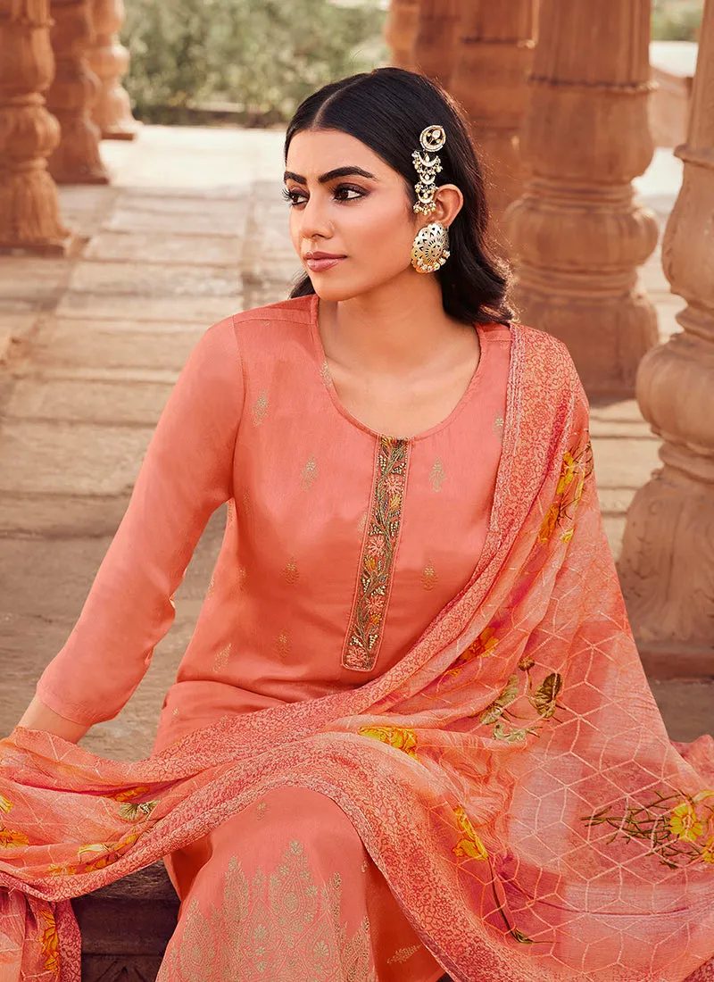 Peach Handwork Embroidery Traditional Pant Style Suit